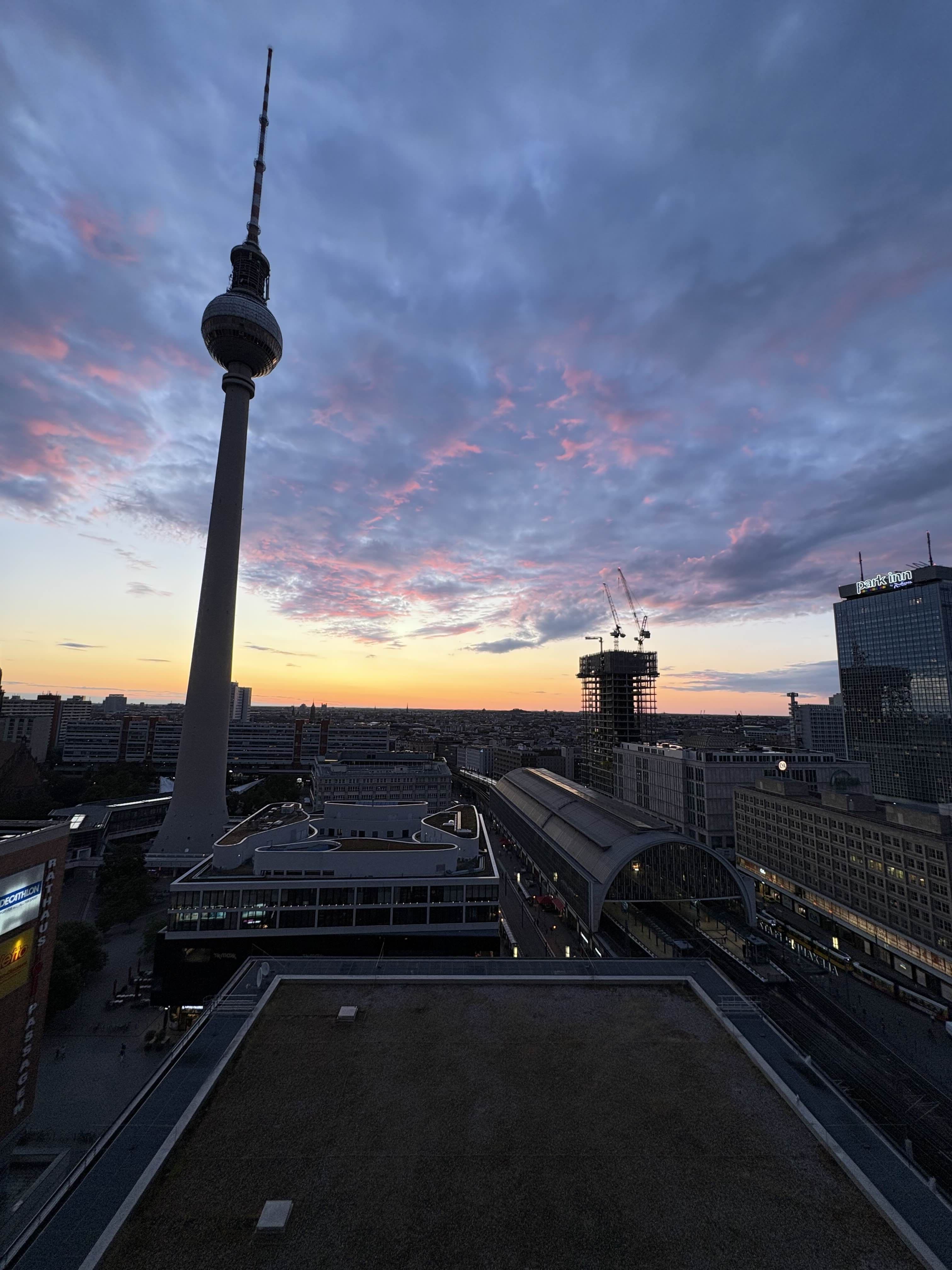 A view of the Fernsehturm in Berlin and its Mitte neighborhood.
